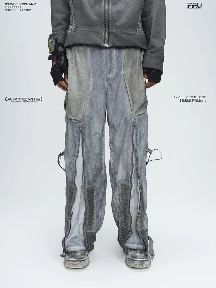 STARCORE moon dust gray engineer utility pants — full-length styled view