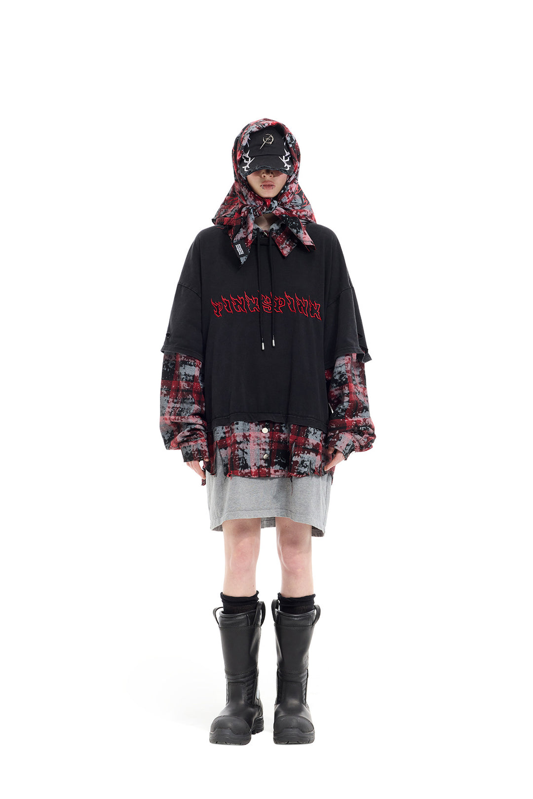 PINKSPINK REMAKE triple-layer plaid hoodie — black and red plaid hoodie — front view with headscarf styling