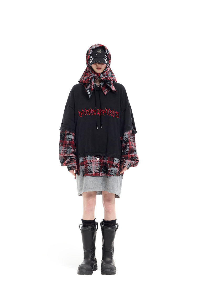 PINKSPINK REMAKE triple-layer plaid hoodie — black and red plaid hoodie — front view with headscarf styling