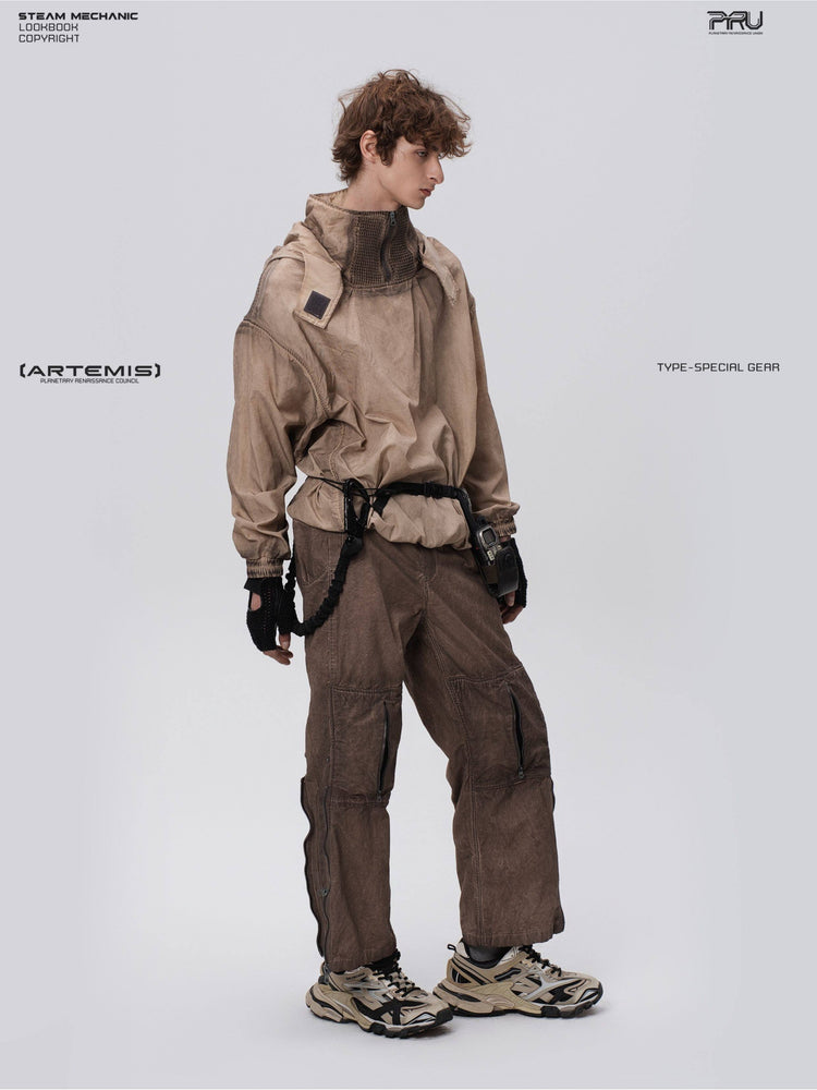 PIONEER detachable-hood mesh hoodie in mercury brown — full-length modeled side view with the hood down