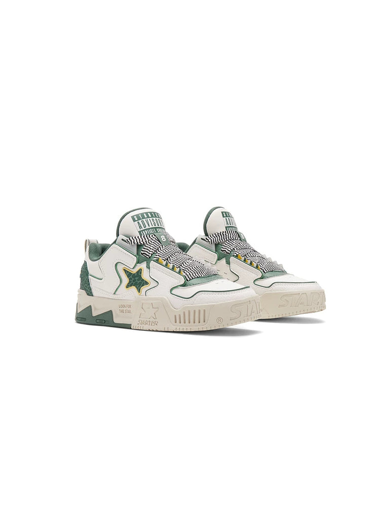 STARTER VOL-II White Green sneakers in a clean studio pair view, showing broad patterned laces and layered star panels