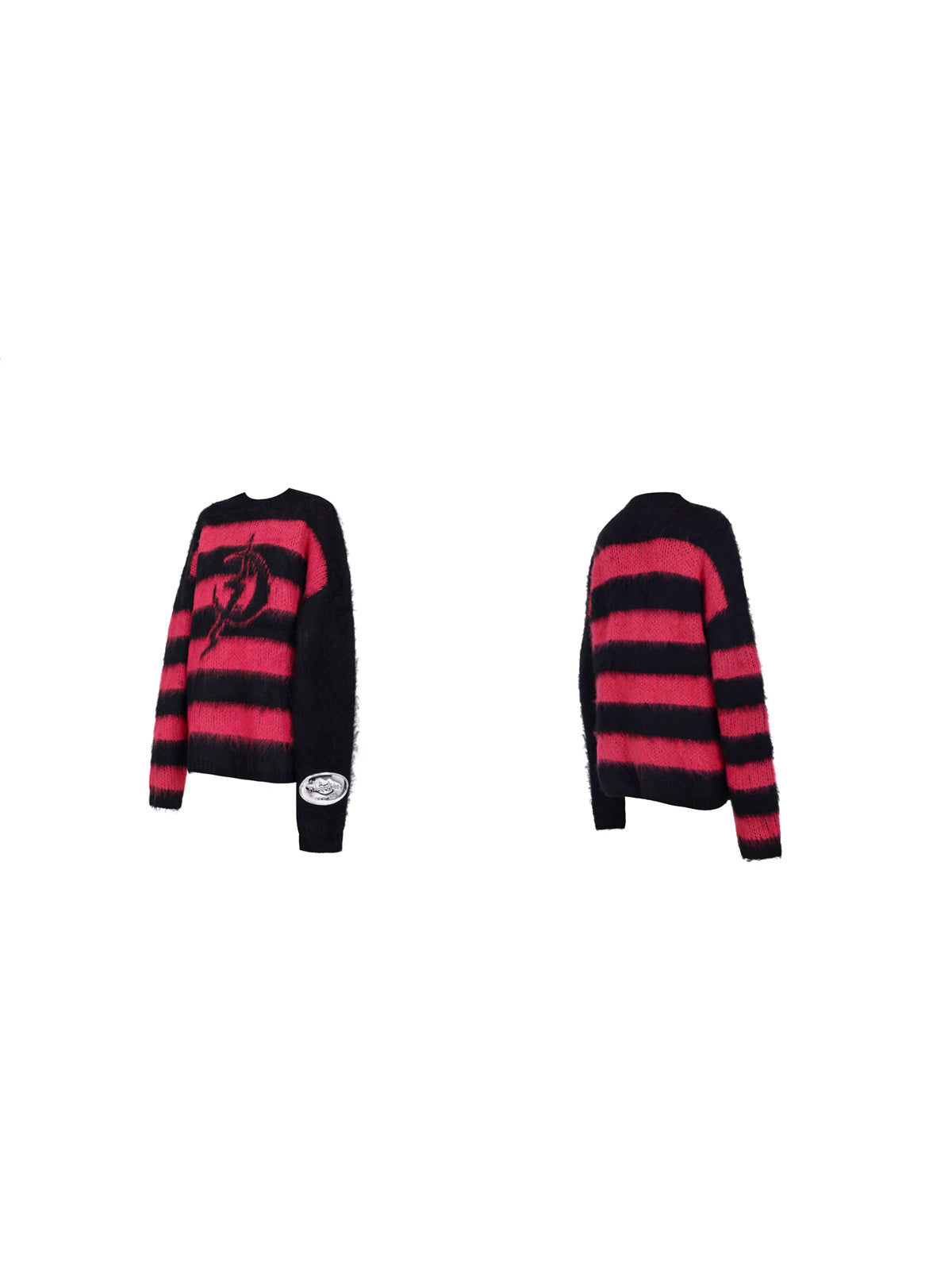 PINKSPINK ELECTRIC MOON black-pink striped sweater in black pink — front and back garment-only views of the oversized striped knit