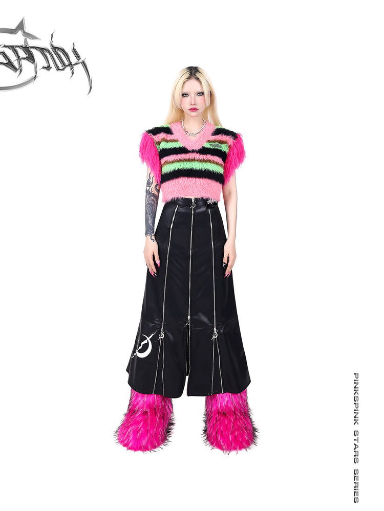 PINKSPINK ELECTRIC MOON zip-panel faux-leather maxi skirt — front full-length modeled view with the waist exposed