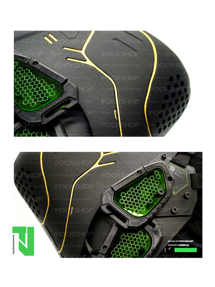 FOCKSHOP PROPHECY illuminated cyber mask — original close-ups of gold shell detailing and green honeycomb cheek panels