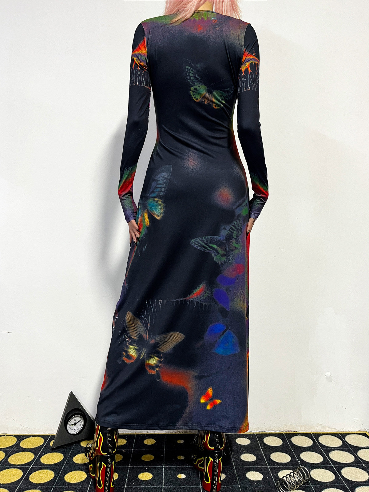 DEADENDKIDS BUTTERFLY GOTH fitted long-sleeve maxi dress — alternate modeled angle