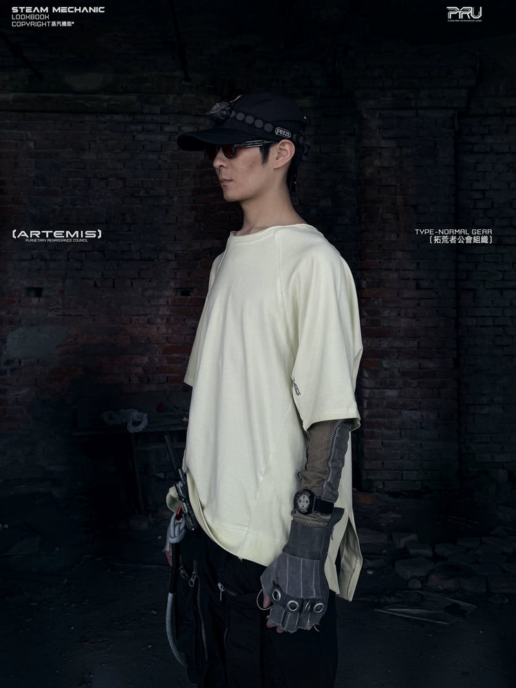 ERODED SPINE distressed asymmetric tee — full-length styled view