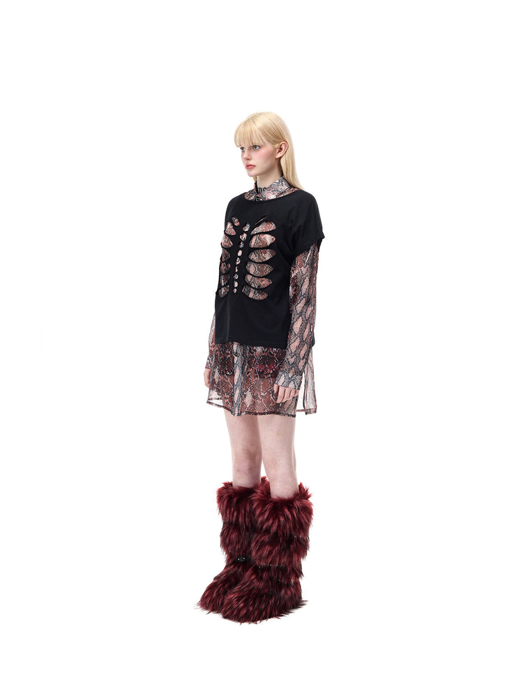 PINKSPINK CATACOMB reversible cat-skull tee in black — side cutout-face view over a separate snakeskin mesh outfit