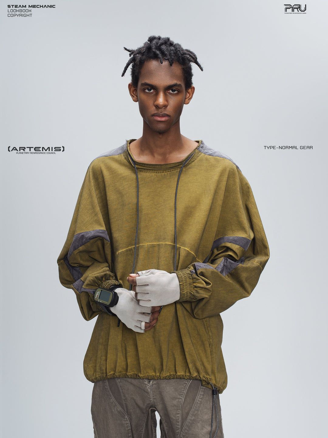 PIONEER mars yellow drawstring commuter sweatshirt — alternate modeled angle