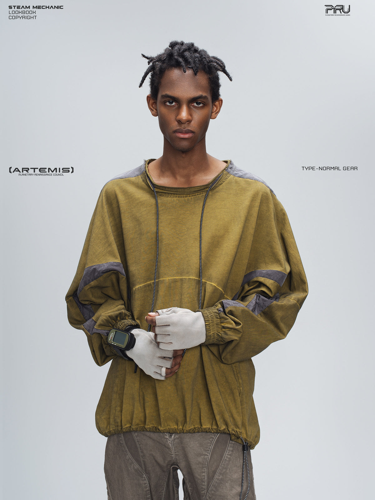 PIONEER mars yellow drawstring commuter sweatshirt — alternate modeled angle