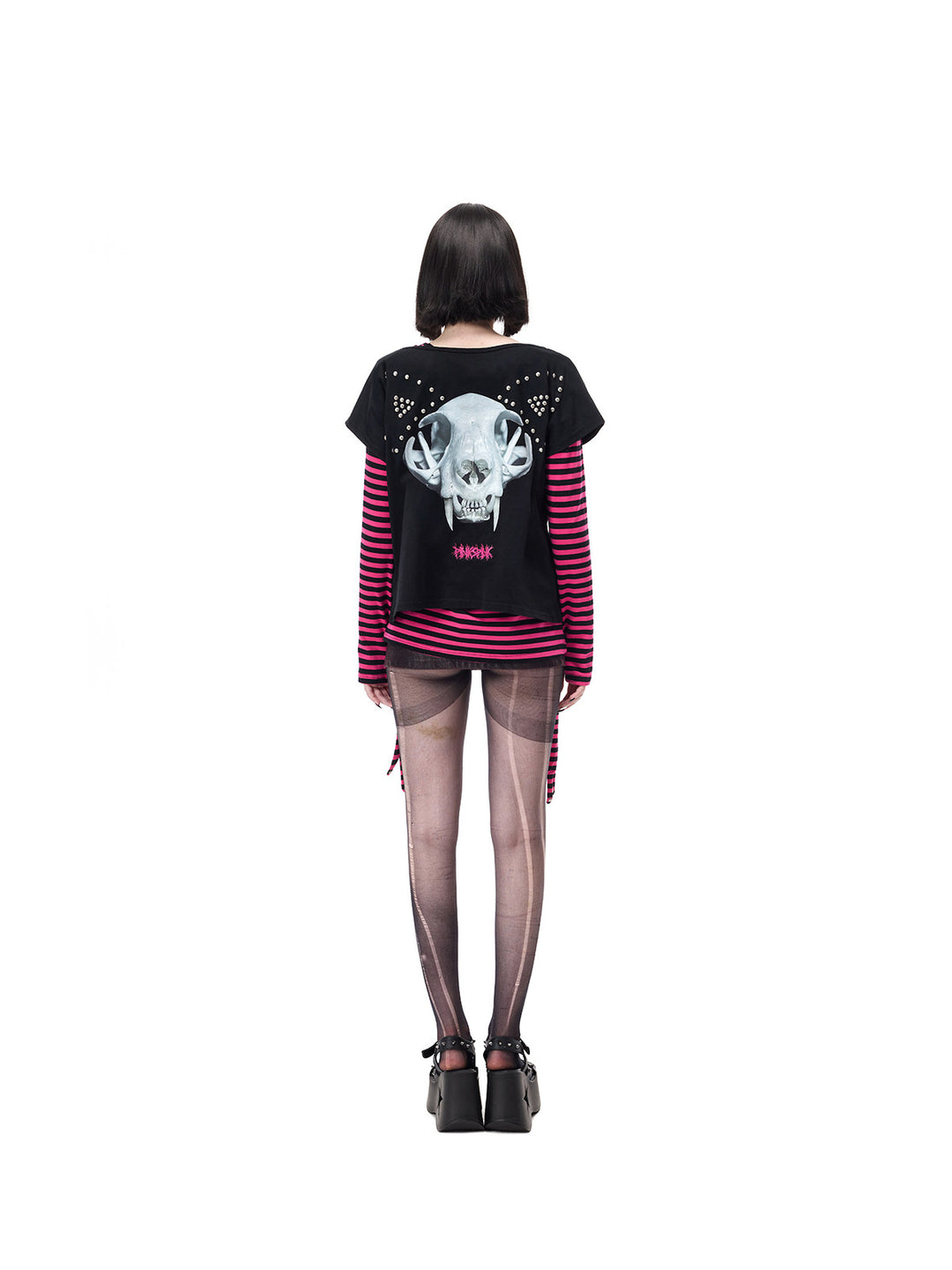PINKSPINK CATACOMB reversible cat-skull tee in black — rear cat-skull face over a separate pink striped tee