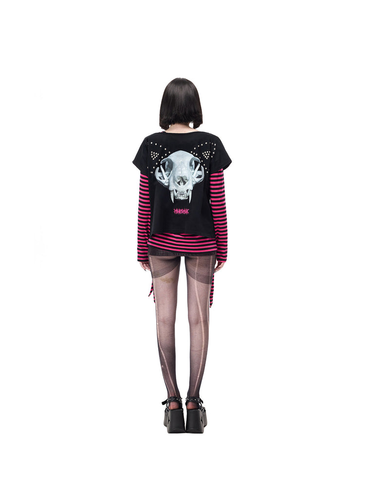 PINKSPINK CATACOMB reversible cat-skull tee in black — rear cat-skull face over a separate pink striped tee
