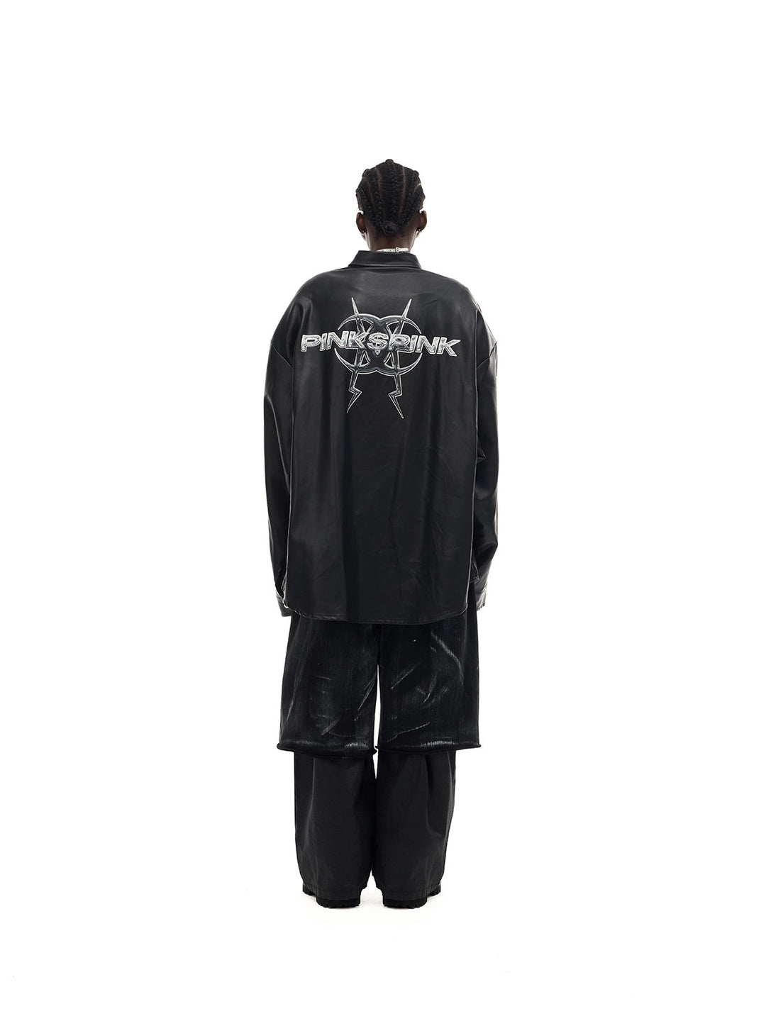PINKSPINK ELECTRIC MOON coated zip-knee wide-leg pants in black — rear styling view with a separate jacket and overshorts