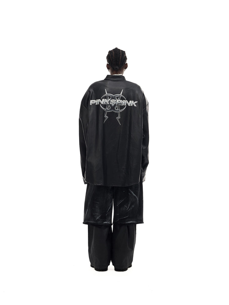 PINKSPINK ELECTRIC MOON coated zip-knee wide-leg pants in black — rear styling view with a separate jacket and overshorts