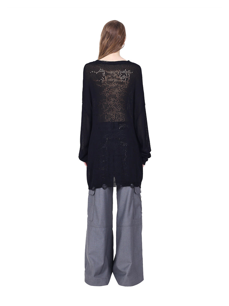 PINKSPINK ELECTRIC MOON ring-detail cargo flare trousers in gray — full-length rear view styled with a separate black sweater