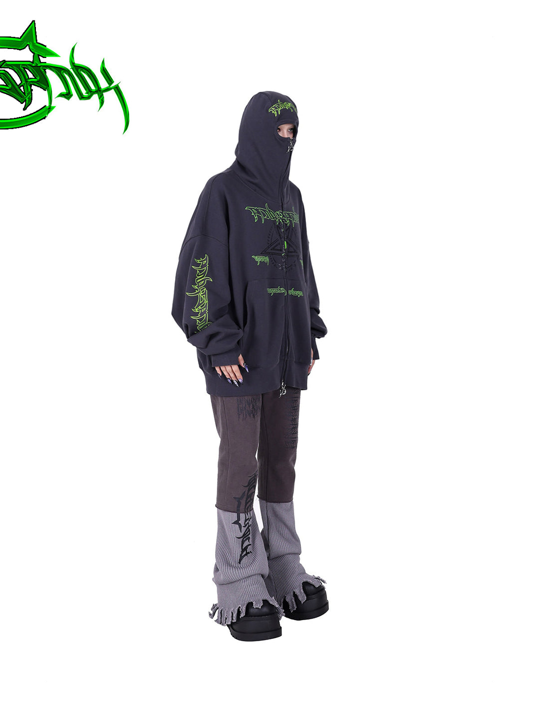 PINKSPINK DNA circle-star balaclava zip hoodie — side full-length modeled view with hood zipped up