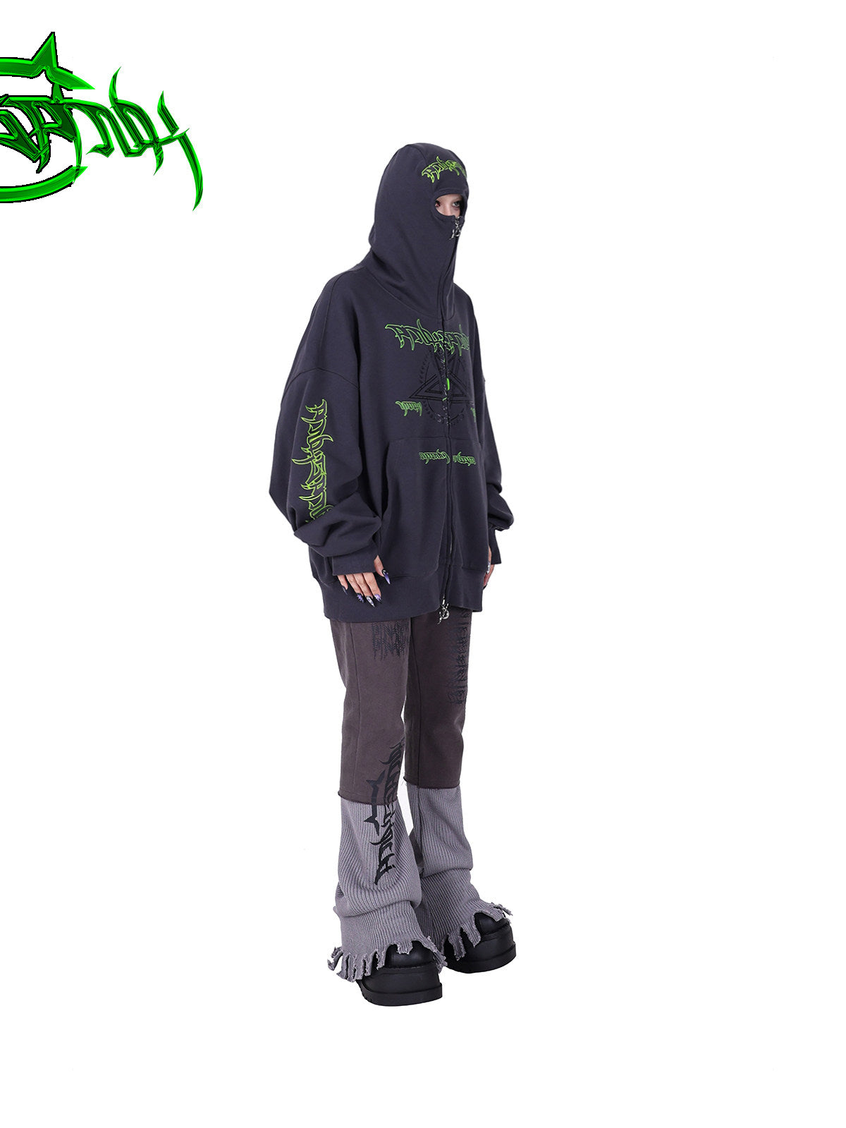 PINKSPINK DNA circle-star balaclava zip hoodie — side full-length modeled view with hood zipped up