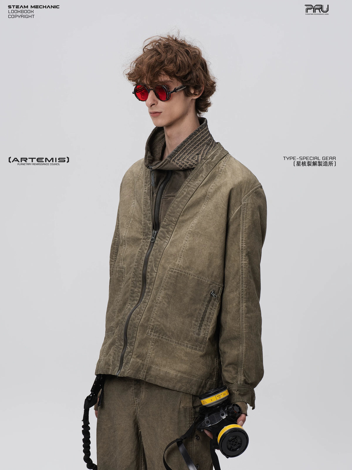 GAIA gravel brown open-collar technical robe — rear modeled view