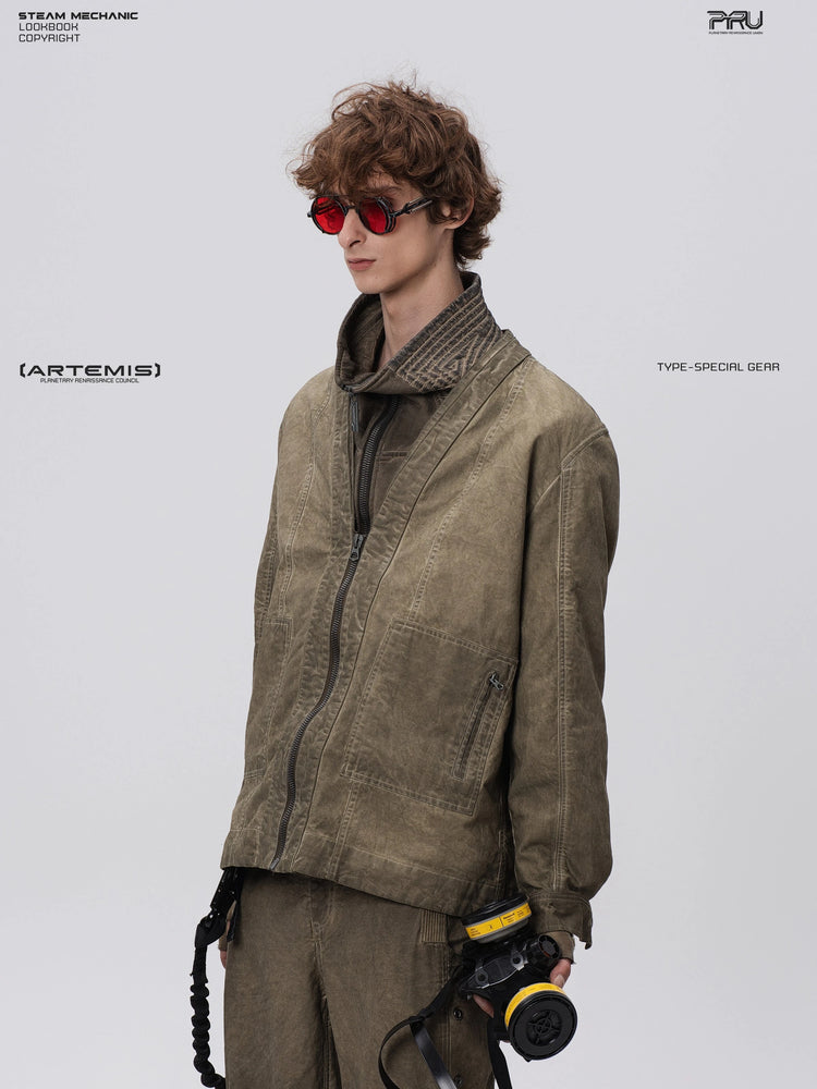 GAIA gravel brown open-collar technical robe — three-quarter front modeled view facing left