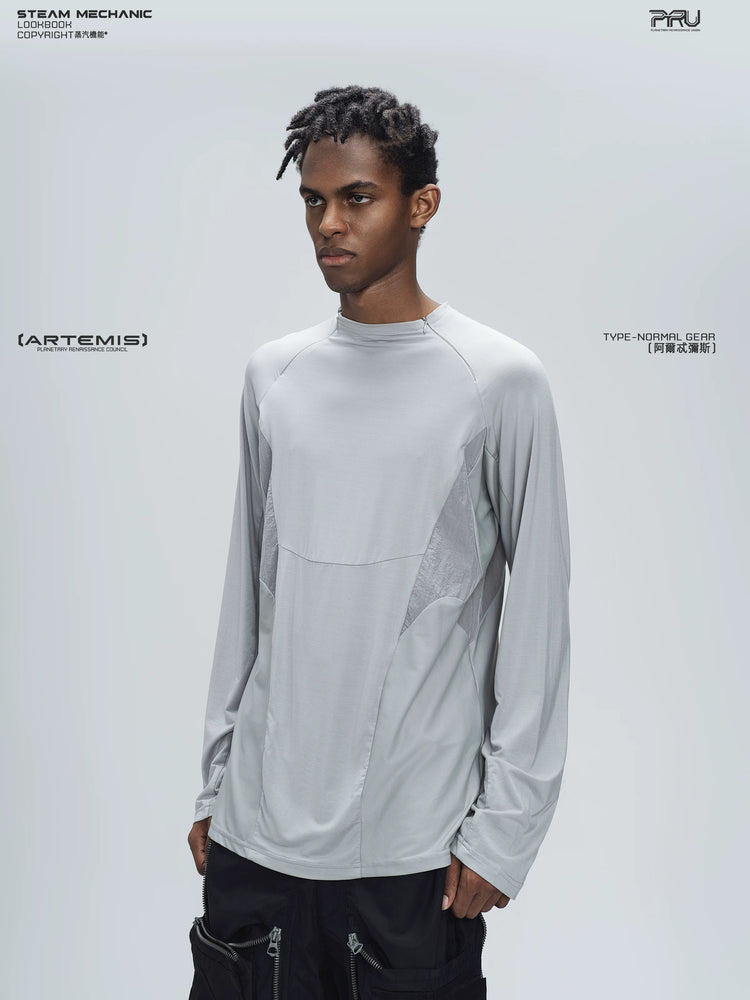 ARTEMIS moon dust gray stretch technical base-layer top — side modeled view
