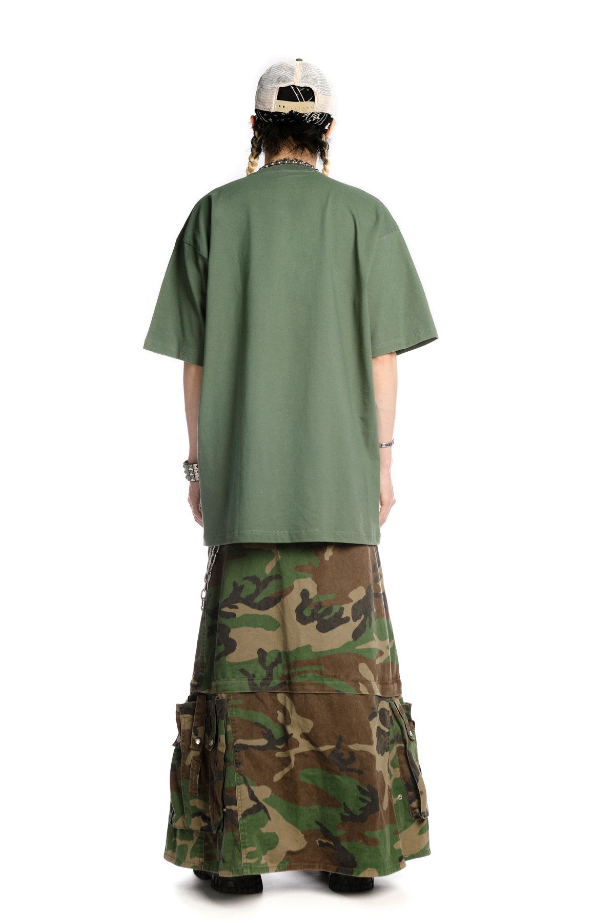 DEADENDKIDS SKELETON RIOT oversized graphic tee — rear modeled view