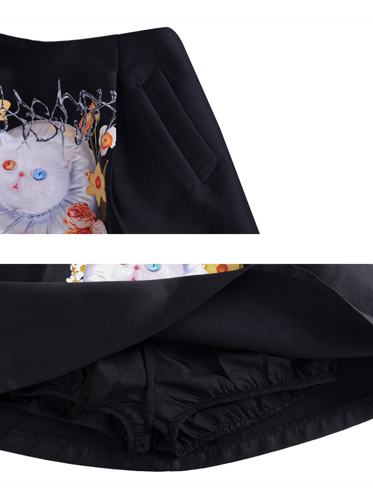 PINKSPINK GARFIELD graphic mini skirt — black side seam and built-in shorts lining close-ups