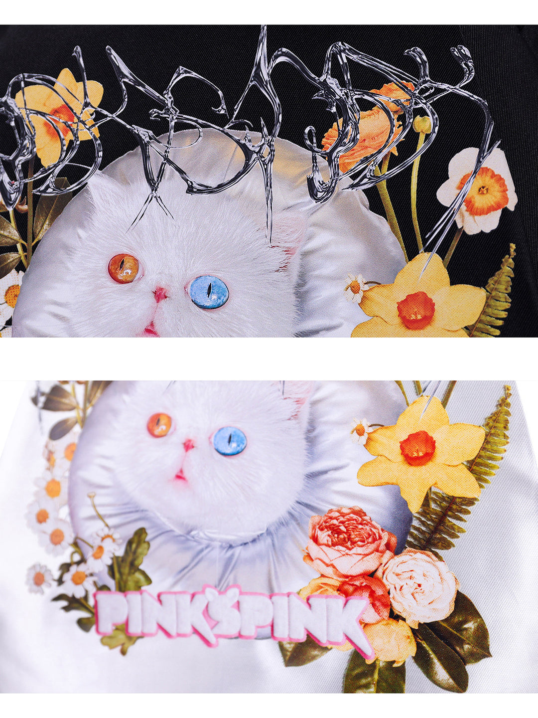 PINKSPINK GARFIELD graphic mini skirt — cat-and-flower print details on black and white