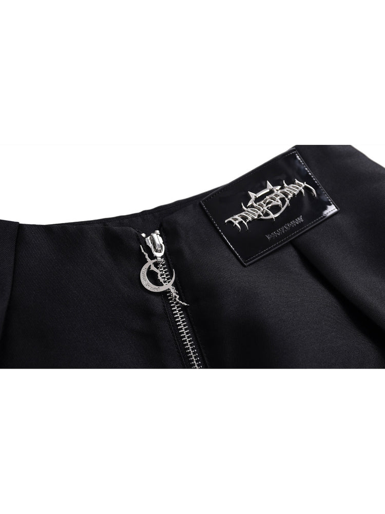 PINKSPINK GARFIELD graphic mini skirt — black rear zipper and brand patch close-up