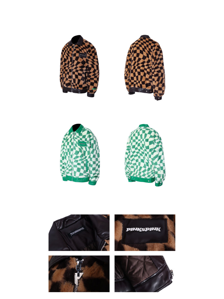 PINKSPINK WARPED checkerboard padded faux-fur jacket — green and caramel checkerboard jackets — front, back and construction details