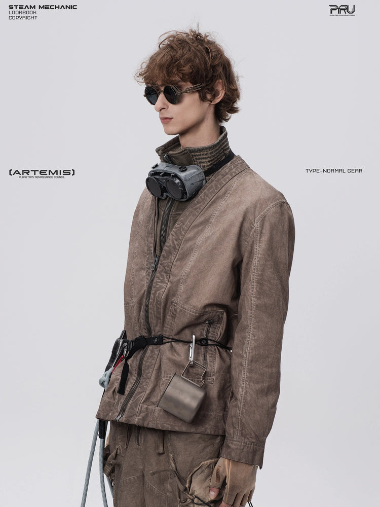 GAIA ochre brown open-collar technical robe — opposite three-quarter modeled view showing the zip pocket