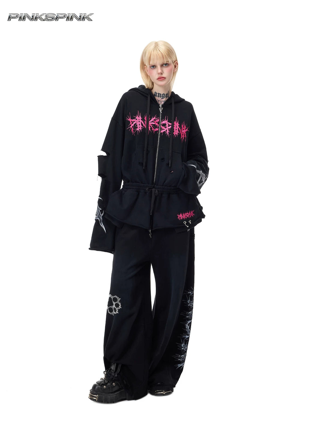 PINKSPINK MOHAWK RITUAL studded zip-up hoodie — front full-length styling with black pants