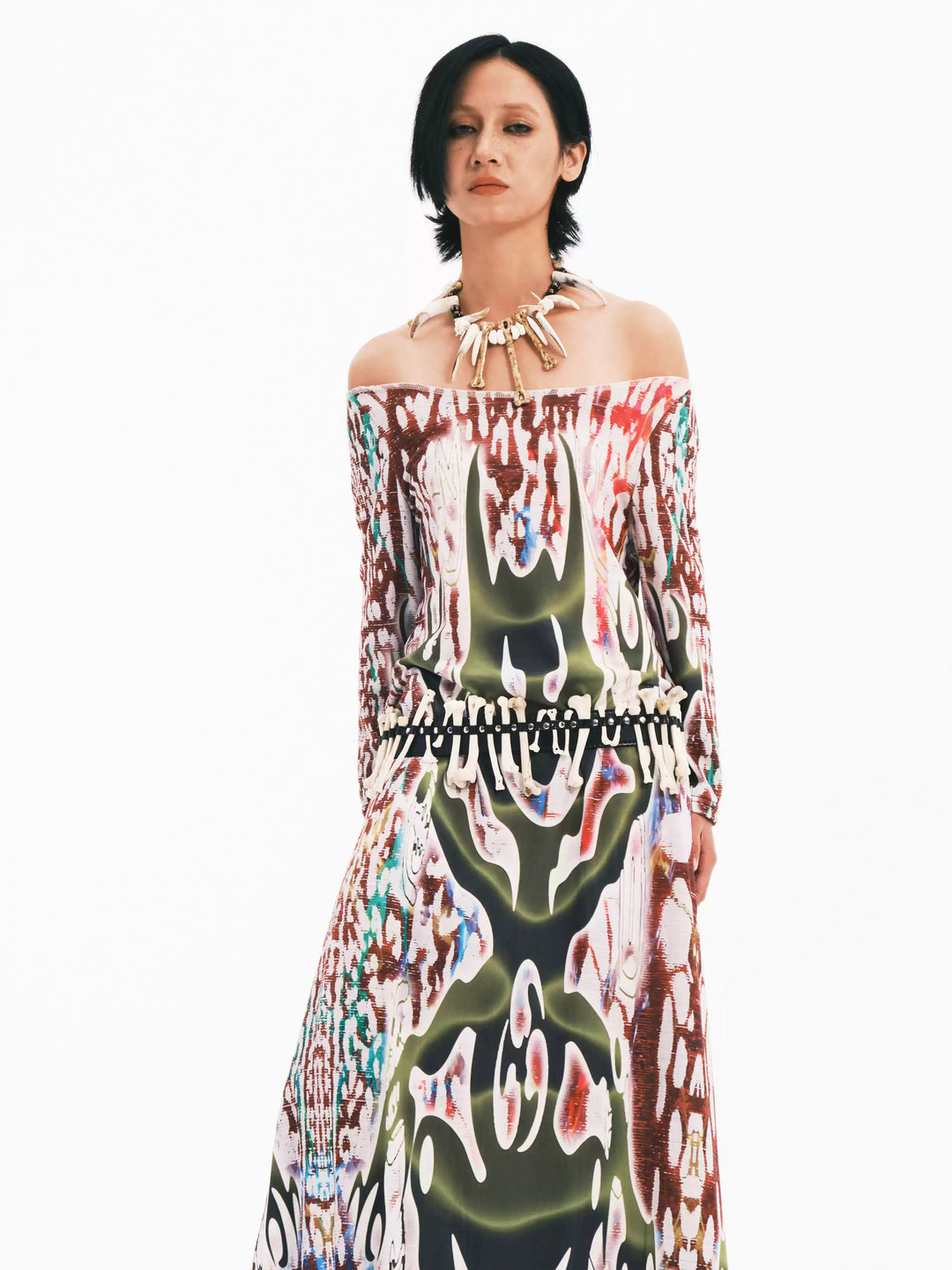 EMBRYO TRIBAL ENTITY white off-shoulder maxi dress — side profile