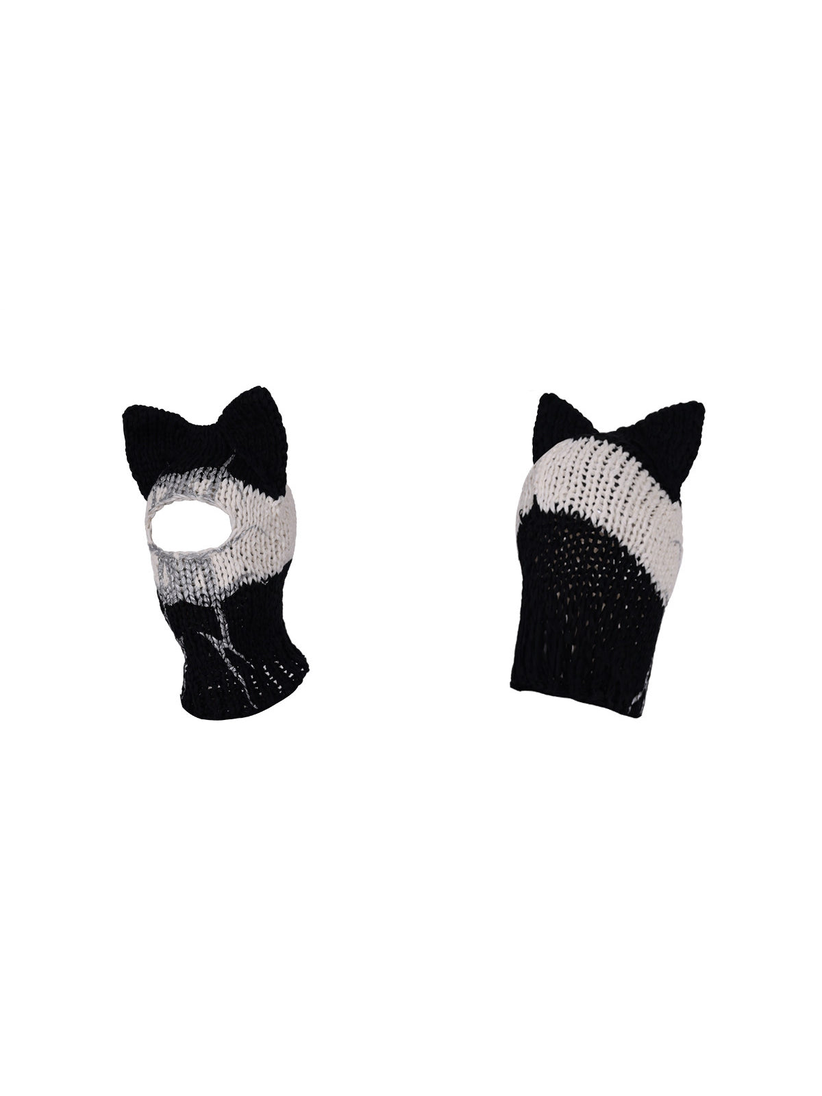 PINKSPINK MIRROR striped cat-ear knit balaclava in black white stripes — front and back garment-only views