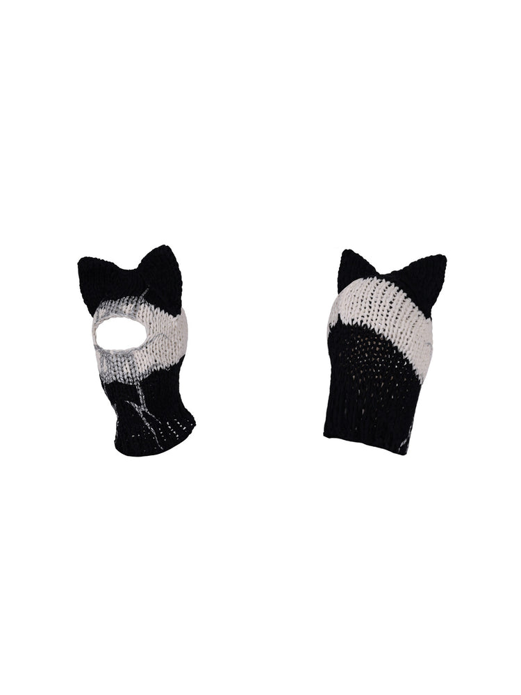 PINKSPINK MIRROR striped cat-ear knit balaclava in black white stripes — front and back garment-only views