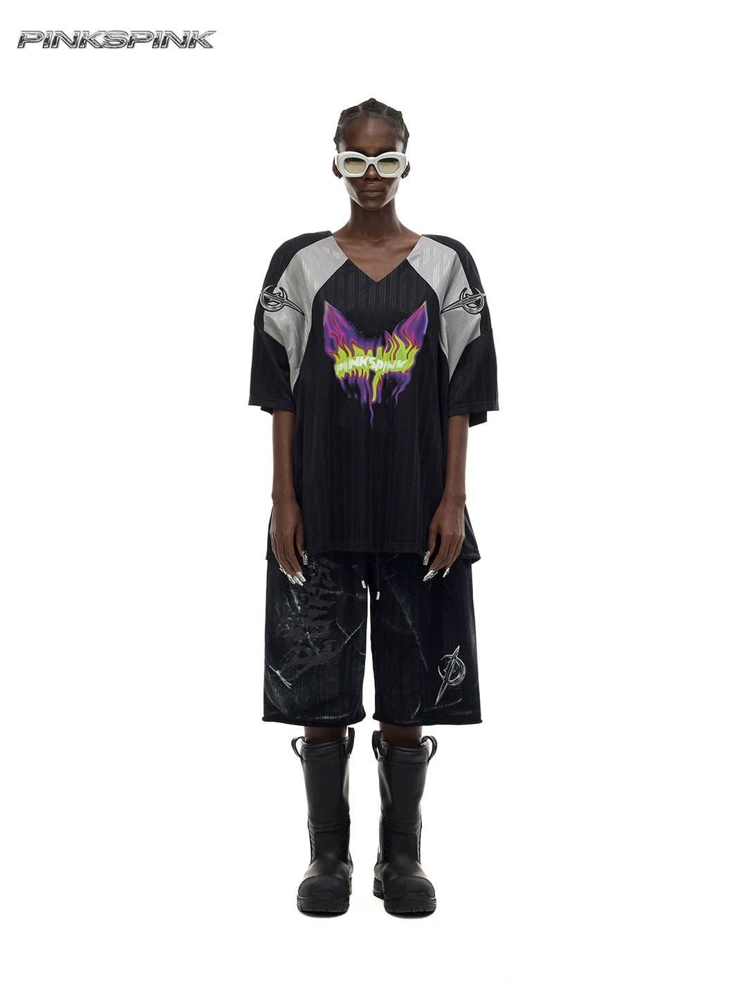 PINKSPINK FLAMECAT oversized sports jersey in black and gray — full-length loose front view styled with separate shorts