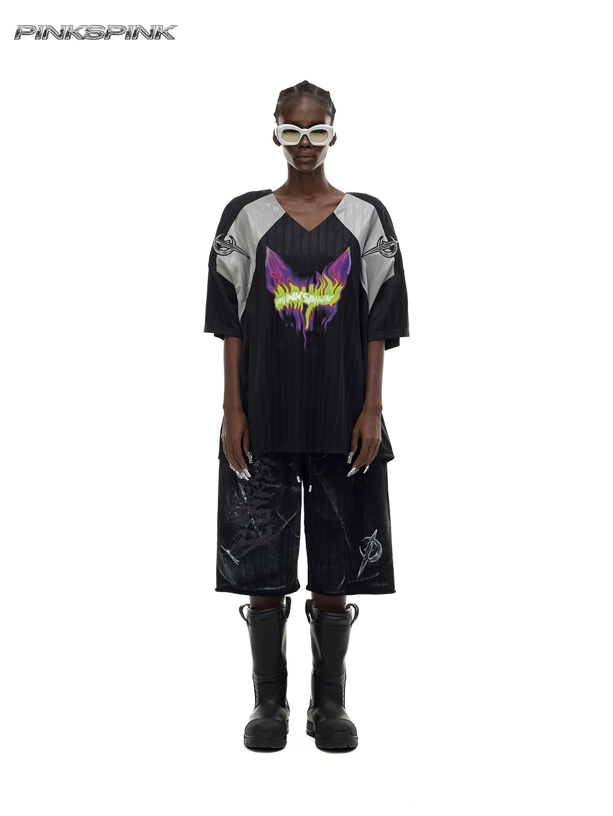 PINKSPINK FLAMECAT oversized sports jersey in black and gray — full-length loose front view styled with separate shorts