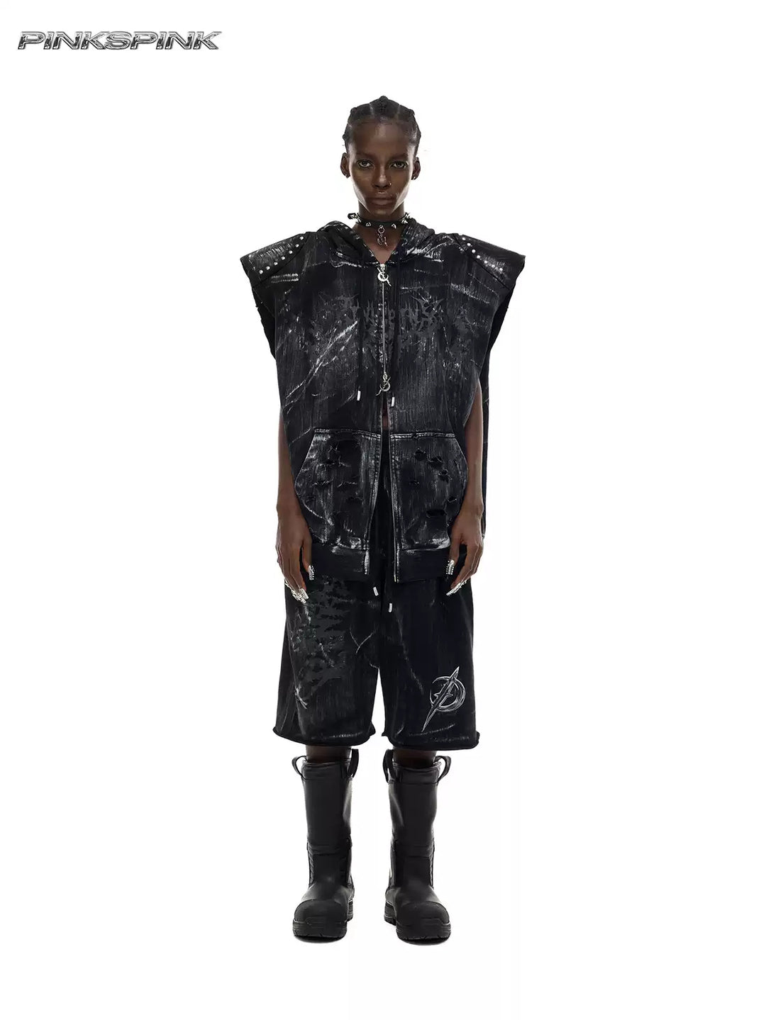 PINKSPINK ELECTRIC MOON coated cropped wide-leg pants in black — front full-length modeled view styled with the matching cat-ear vest