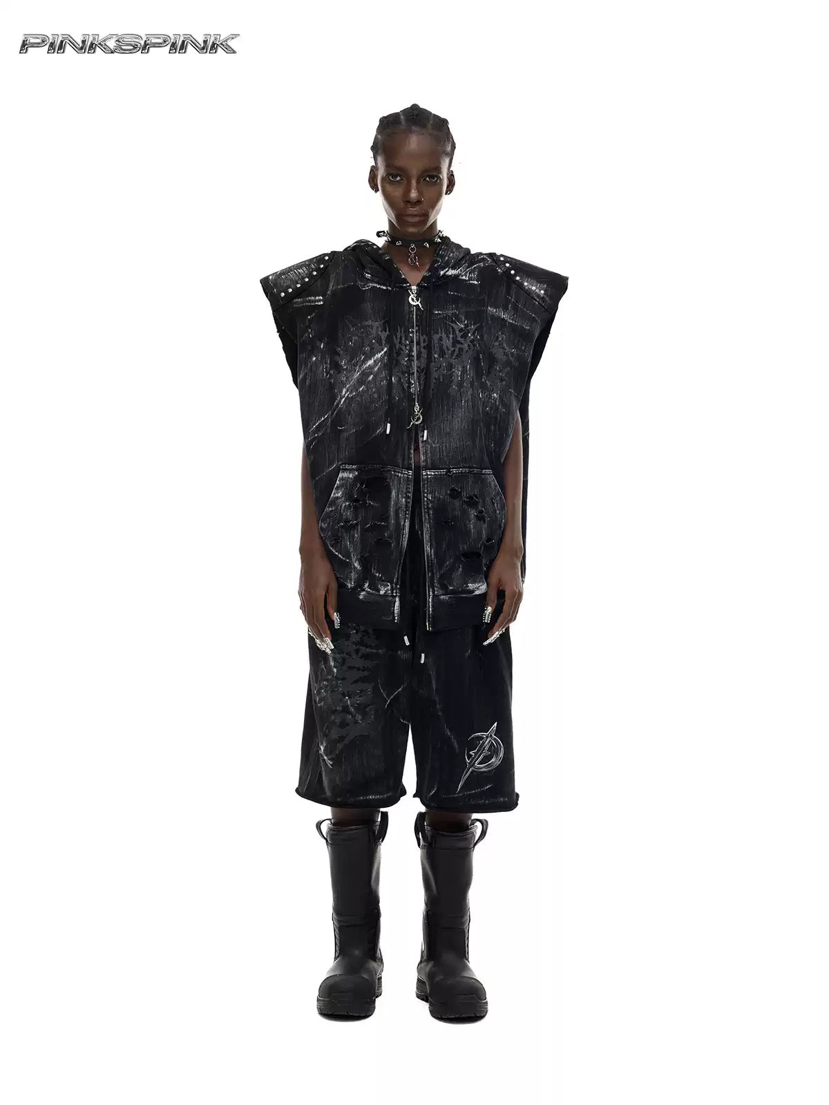 PINKSPINK ELECTRIC MOON coated cropped wide-leg pants in black — front full-length modeled view styled with the matching cat-ear vest