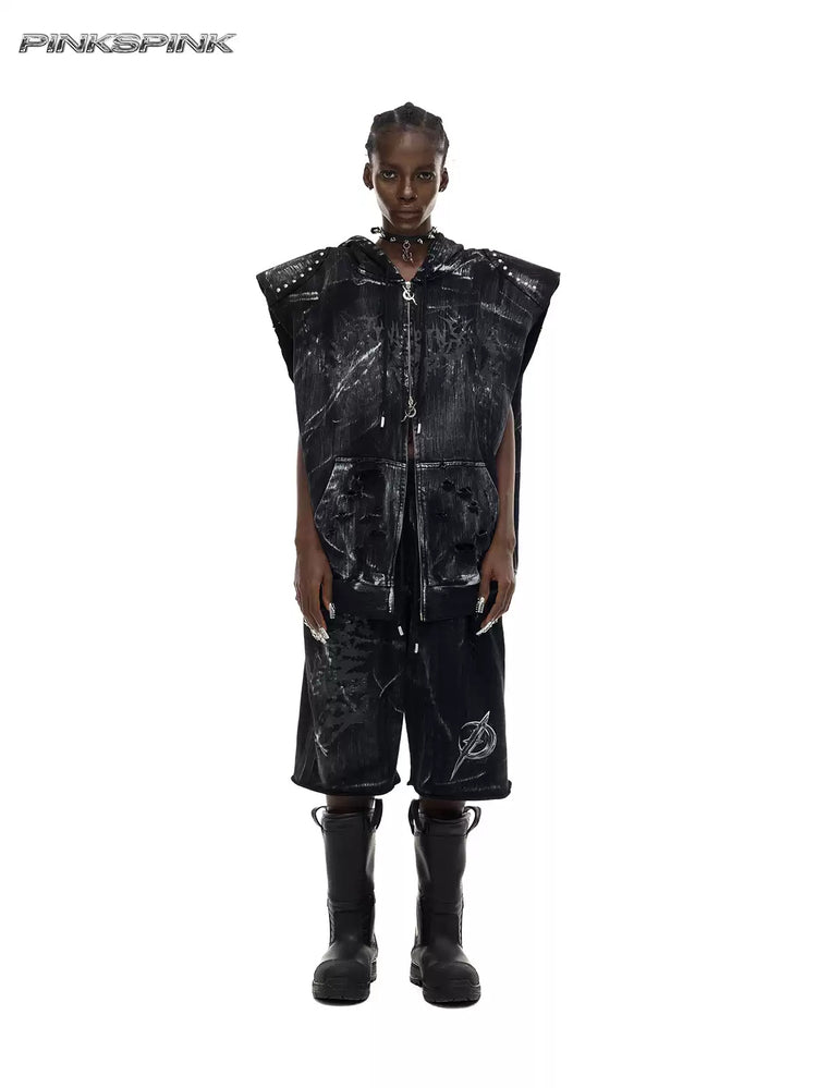 PINKSPINK ELECTRIC MOON coated cropped wide-leg pants in black — front full-length modeled view styled with the matching cat-ear vest