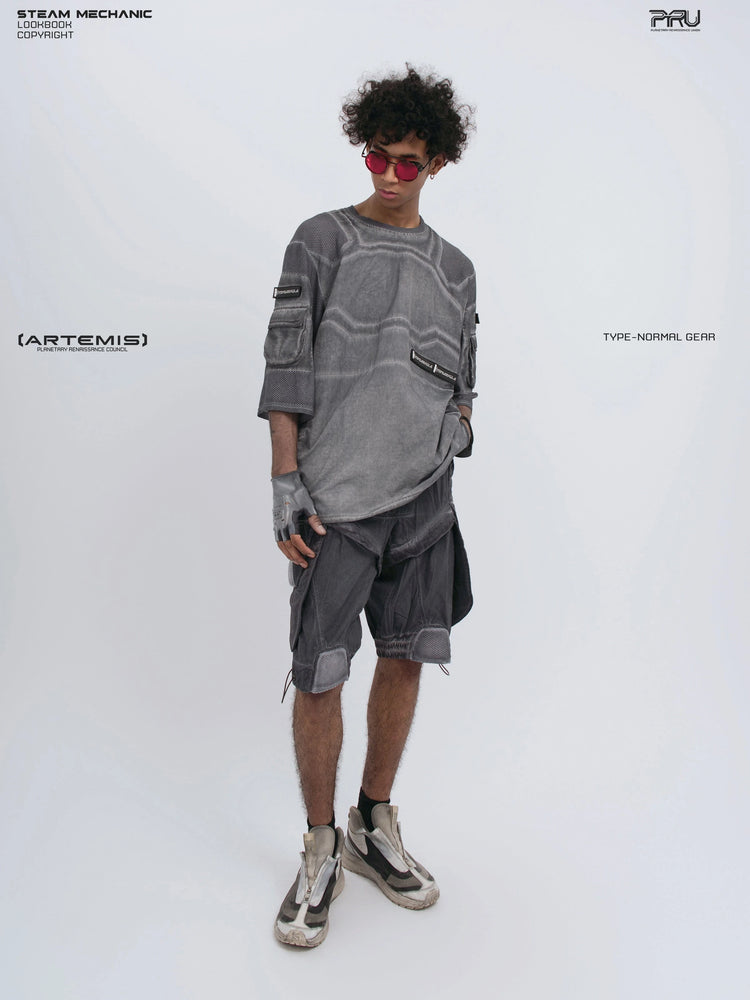 STARCORE moon dust gray velcro mesh tee — full-length angled front modeled view looking down
