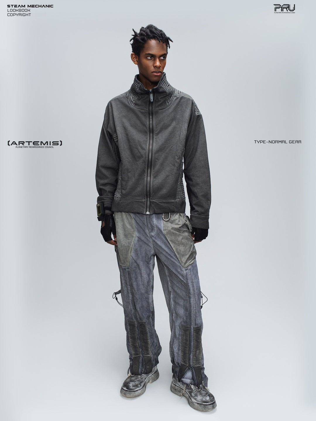 PIONEER moon dust gray distressed protection zip jacket — material and silhouette detail