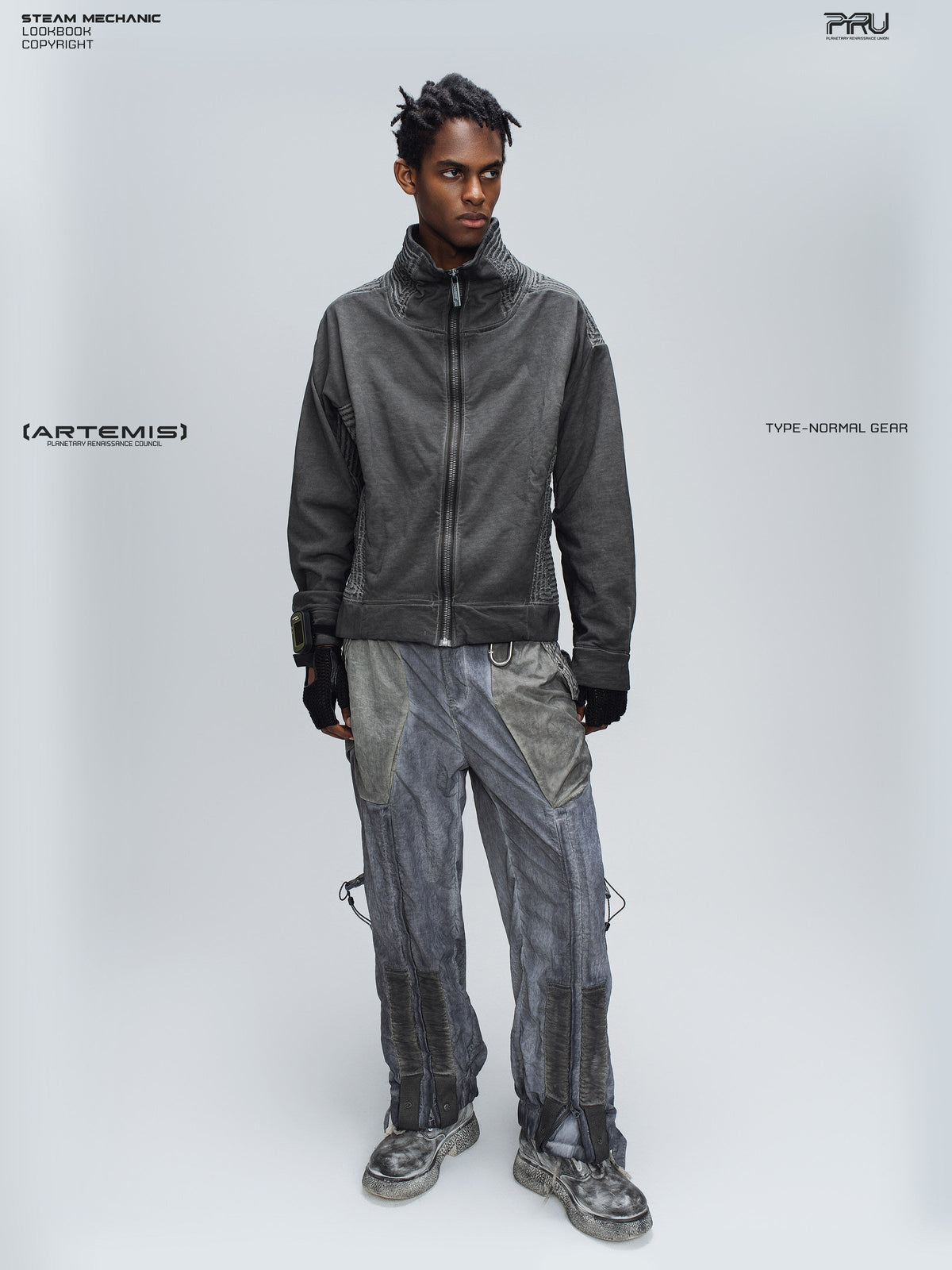 PIONEER moon dust gray distressed protection zip jacket — material and silhouette detail
