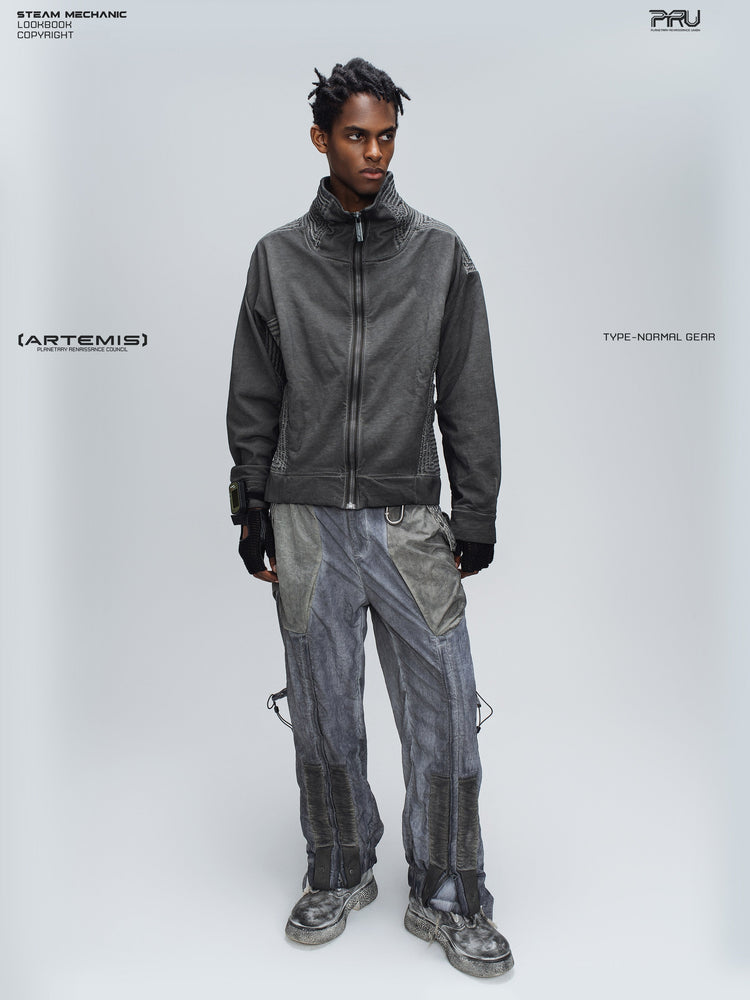 PIONEER moon dust gray distressed protection zip jacket — material and silhouette detail