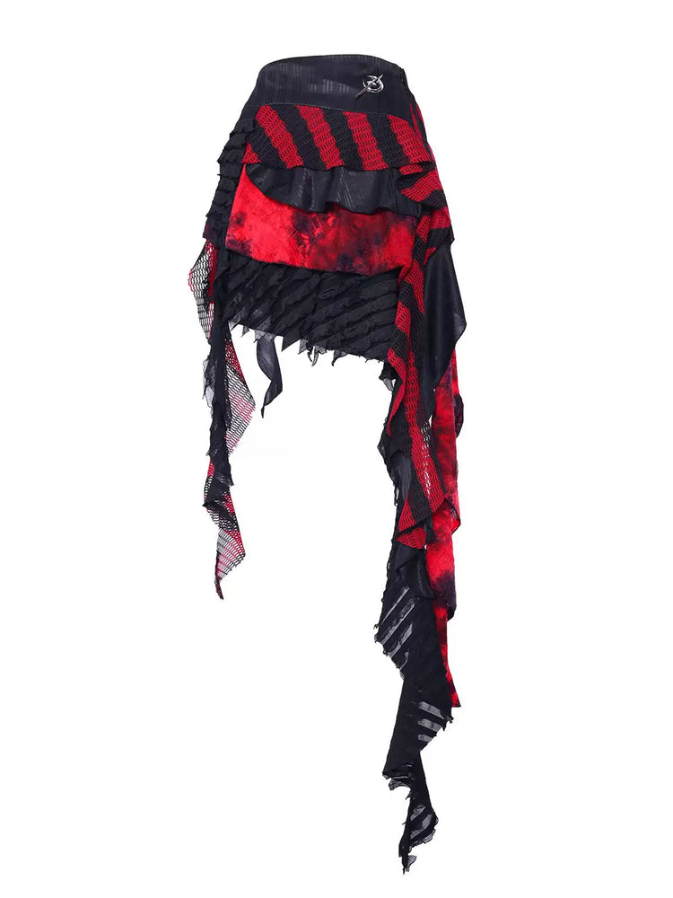 PINKSPINK ELECTRIC MOON layered striped mesh mini skirt — black and red — garment-only front view