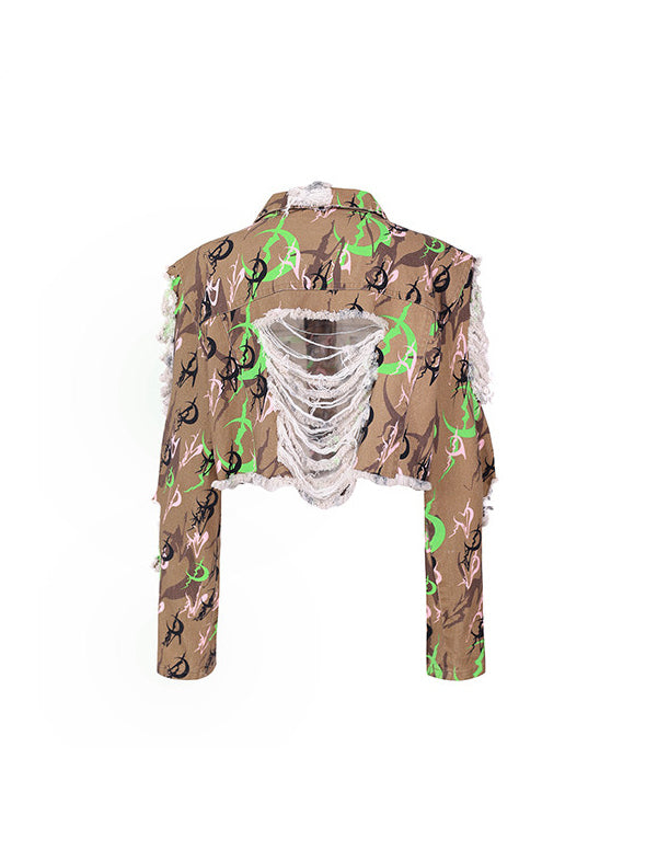 PINKSPINK ELECTRIC MOON distressed camo cropped jacket in CAMOUFLAGE — garment-only back view.