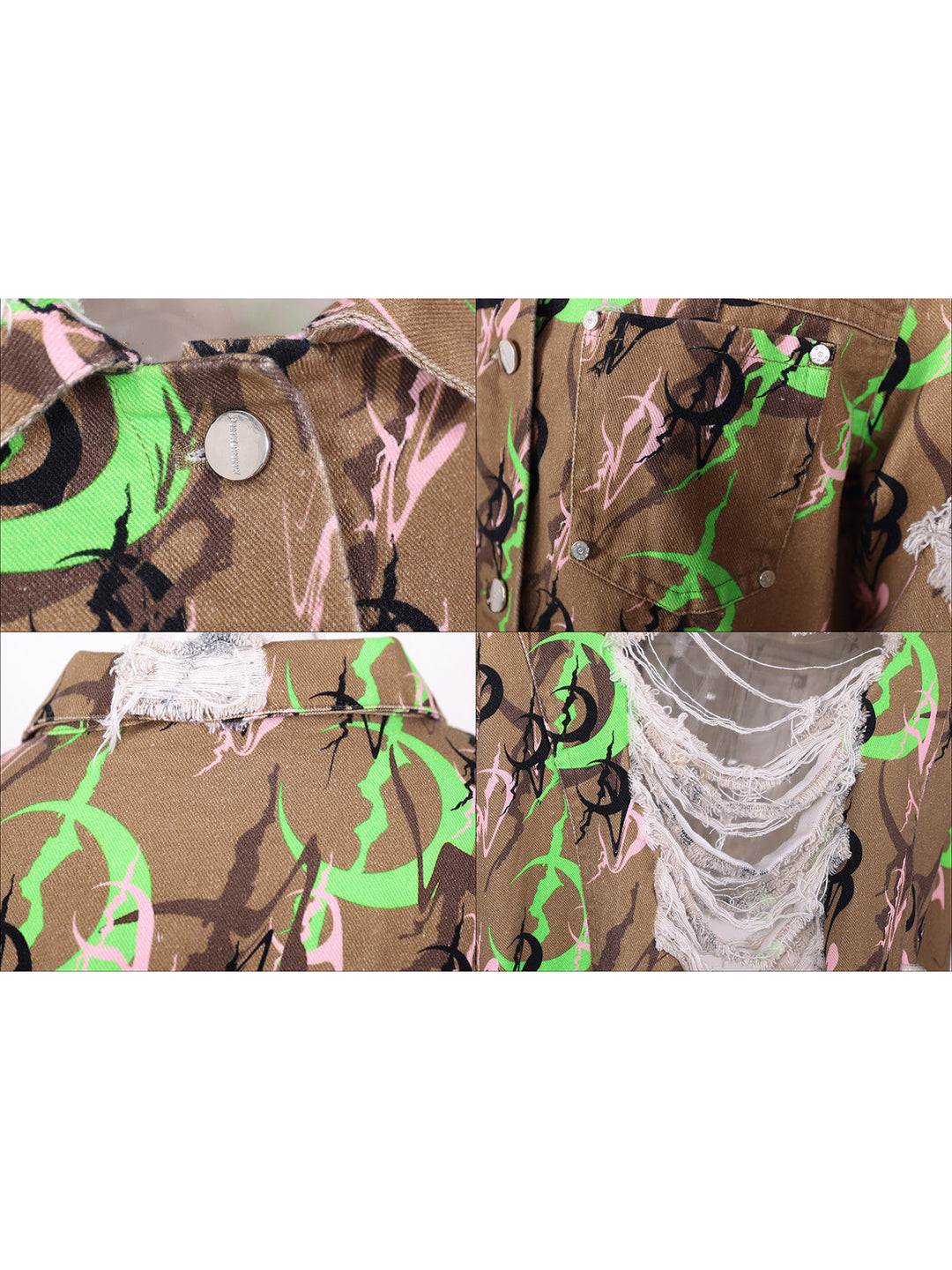 PINKSPINK ELECTRIC MOON distressed camo cropped jacket in CAMOUFLAGE — four-panel fabric,button,pocket and shredded-back details.