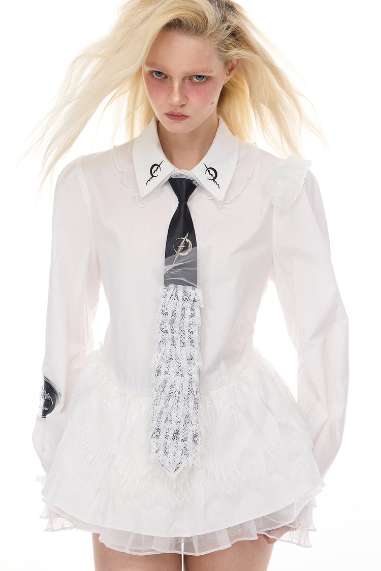 PINKSPINK ELECTRIC MOON punk-ballet lace tie — close modeled view highlighting the construction