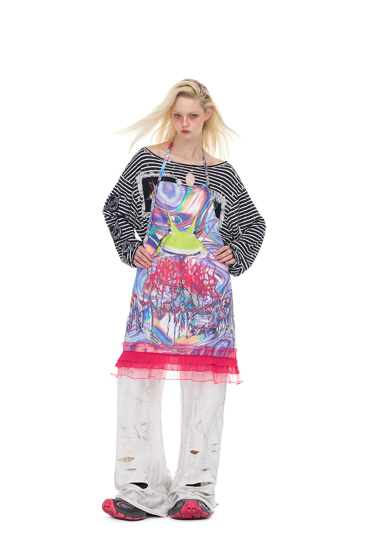 PINKSPINK ELECTRIC MOON coated distressed flare sweatpants — full-length modeled styling view