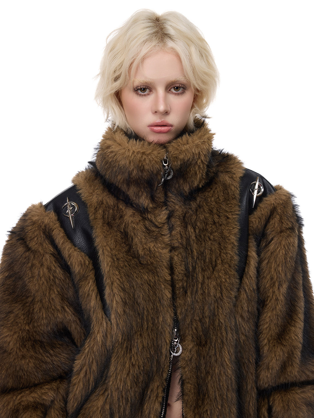 PINKSPINK ELECTRIC MOON paneled faux-fur jacket — front modeled detail with lower zipper open