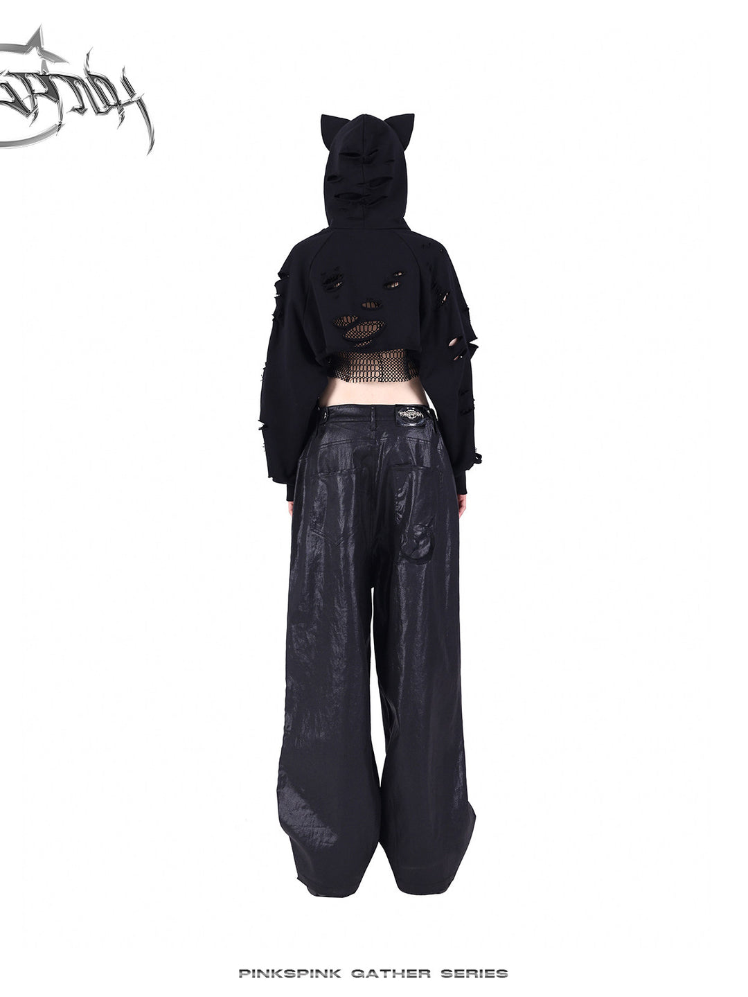 PINKSPINK GEOMETRY open-mesh crop tee in black — rear styling view under a cat-ear cropped layer