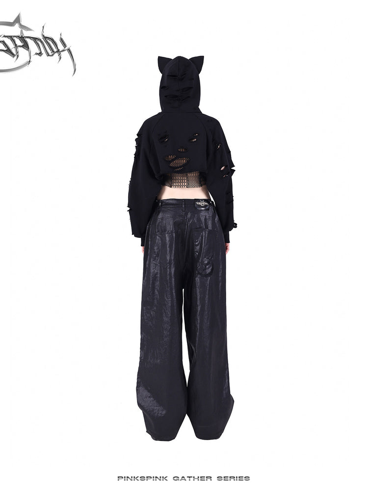 PINKSPINK GEOMETRY open-mesh crop tee in black — rear styling view under a cat-ear cropped layer